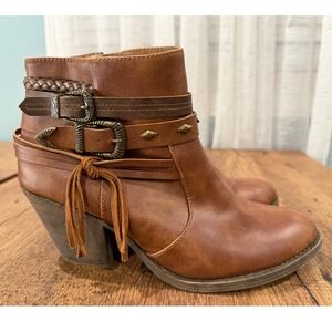 Jellypop Jennifer Cognac Brown Studded Strappy‎ Western Ankle Boots Womens 9.5 M